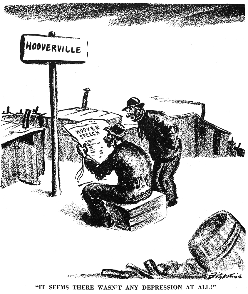 Cartoon: Depression, 1935. /N'It Seems There Wasn'T Any Depression At All!'  Cartoon Comment On Ex-President Hoover'S Speech At St. Louis In December  1935 In Which He Indicated Strongly That The 'Depression' Was Practically A  Figment Of The ..., image size:844x1000
