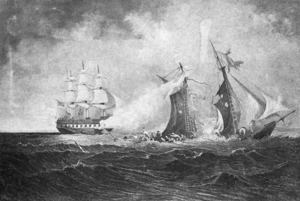 War Of 1812: Naval Battle.  Nsailors Jumping In The Ocean From A 